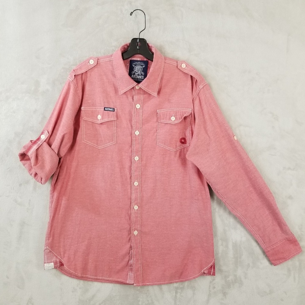 Akademiks Shirt Men XL Red Roll Tab Sleeve Embroidered Logo Epaulettes Pockets
